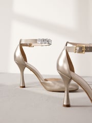 Gold Premium Leather Jewel Strap Round Toe Heels - Image 11 of 12