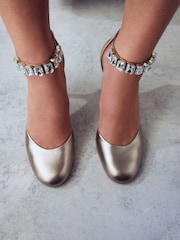 Gold Premium Leather Jewel Strap Round Toe Heels - Image 4 of 12