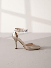 Gold Premium Leather Jewel Strap Round Toe Heels - Image 8 of 12