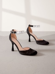 Black Premium Leather Jewel Strap Round Toe Heels - Image 1 of 6