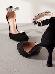 Black Premium Leather Jewel Strap Round Toe Heels - Image 3 of 6