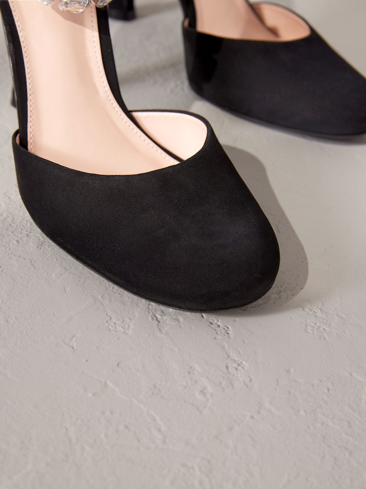 Black Premium Leather Jewel Strap Round Toe Heels - Image 6 of 6
