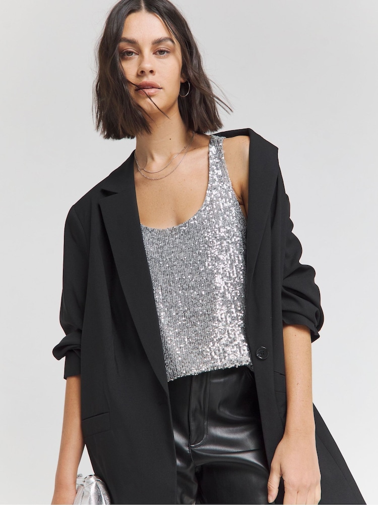 Simply Be Silver Sequin Scoop Neck Vest - Image 1 of 4