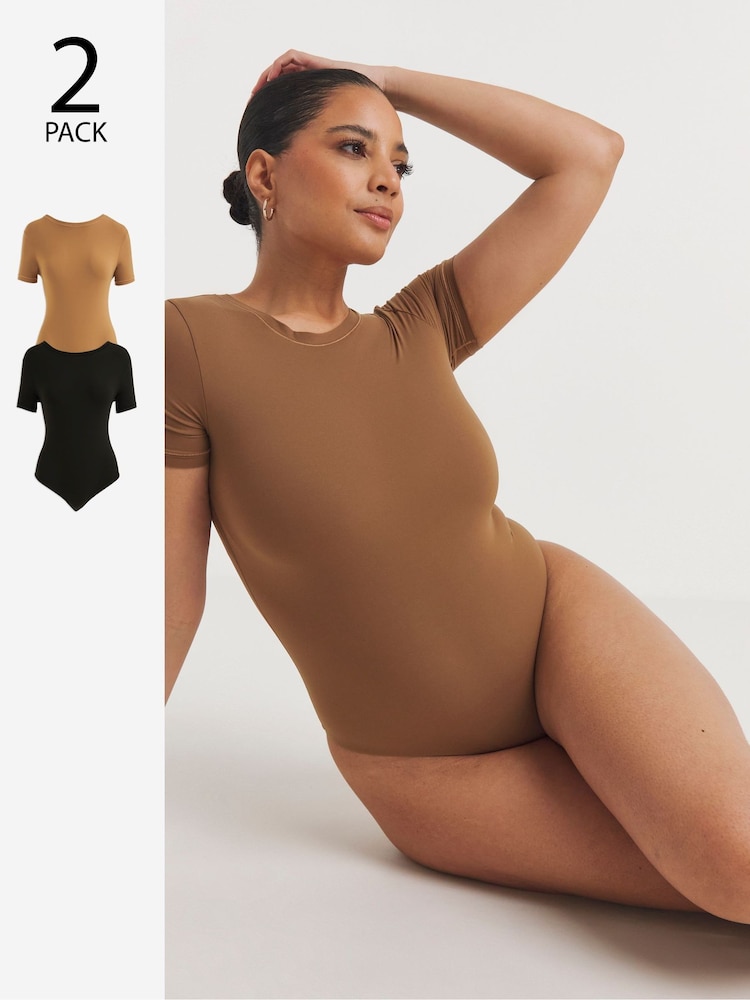 Simply Be Black & Brown Magisculpt Smoothing T-Shirt Bodysuits 2 Pack - Image 1 of 4