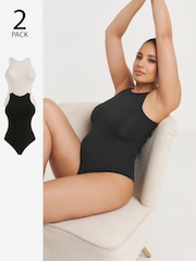 Simply Be Black & White Magisculpt Smoothing Racer Bodysuit 2 Pack - Image 1 of 4