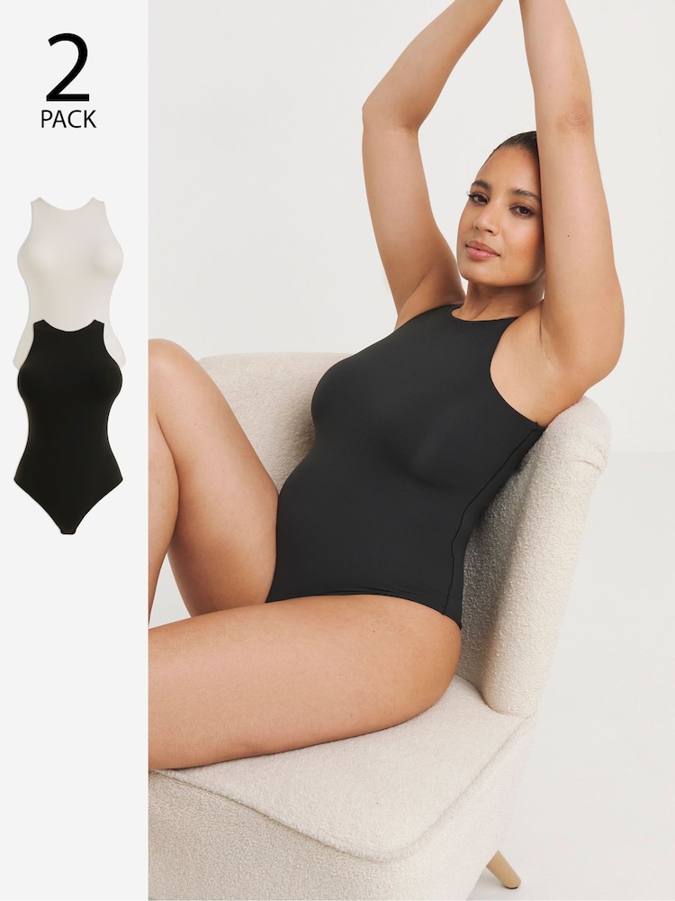 Simply Be Black & White Magisculpt Smoothing Racer Bodysuit 2 Pack - Image 1 of 4