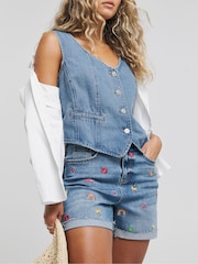 Simply Be Blue Simply Be Embroidered Denim Mom Shorts - Image 1 of 4