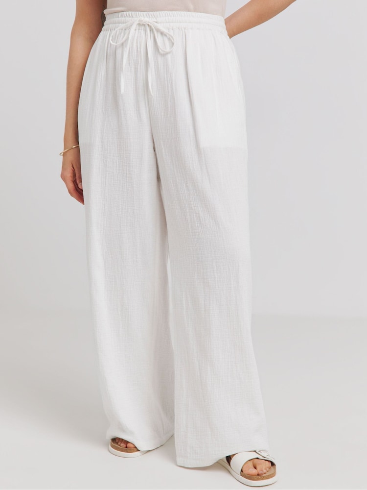 Simply Be White Cheesecloth Wide Leg Trousers - Image 1 of 5