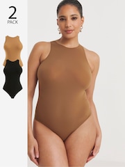 Simply Be Black & Brown Magisculpt Smoothing Racer Bodysuit 2 Pack - Image 1 of 4