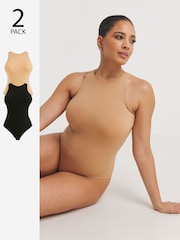 Simply Be Black & Nude Magisculpt Smoothing Racer Bodysuit 2 Pack - Image 1 of 4