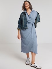 Simply Be Blue Blue Textured Wrap Midi Dress - Image 3 of 4