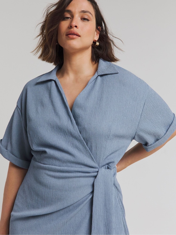 Simply Be Blue Blue Textured Wrap Midi Dress - Image 4 of 4