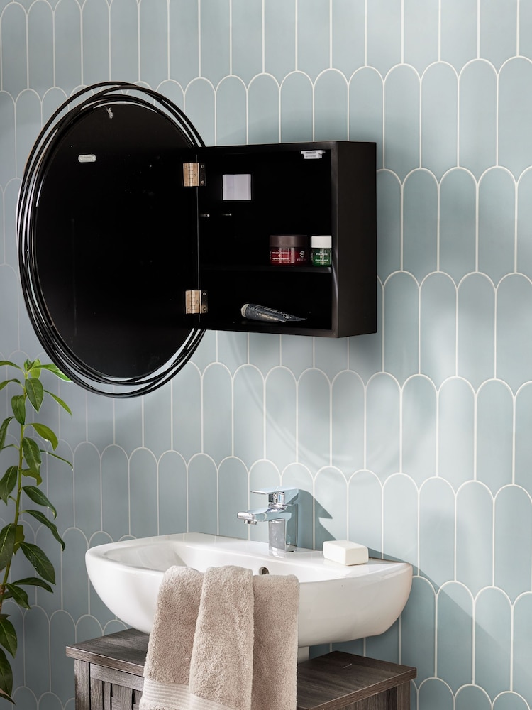 Black Contemporary Wire Round Mirror Wall Cabinet - Image 2 of 9
