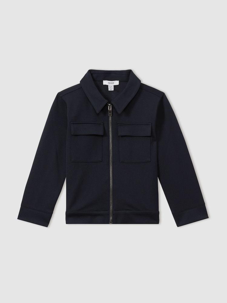 Reiss Navy Ventura Teen Twill Zip-Front Jacket - Image 1 of 3