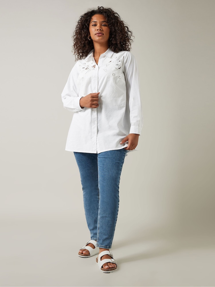 Evans Curve Embroidered Floral 100% Cotton White Shirt - Image 2 of 5