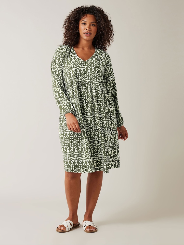 Evans Olive Green Ikat Crinkle Midi Dress - Image 1 of 5