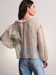 Neutral Sheer Long Sleeve Embellished Ruffle Blouse - Image 3 of 7