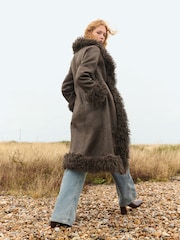 Chocolate Brown Penny Lane Faux Fur Lined Longline Coat - Image 2 of 9