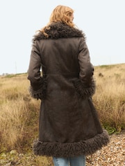 Chocolate Brown Penny Lane Faux Fur Lined Longline Coat - Image 4 of 9