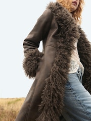 Chocolate Brown Penny Lane Faux Fur Lined Longline Coat - Image 5 of 9