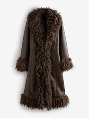 Chocolate Brown Penny Lane Faux Fur Lined Longline Coat - Image 7 of 9