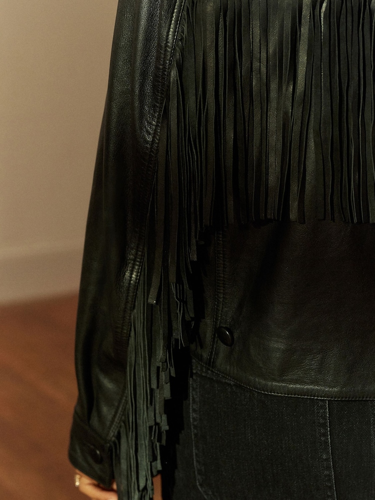 Buy Black Premium Genuine Leather Fringed Jacket from the Next