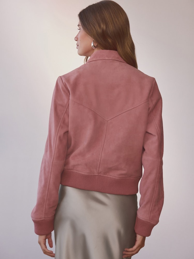 Rose Pink Real Suede Bomber Jacket - Image 2 of 9