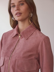 Rose Pink Real Suede Bomber Jacket - Image 3 of 9