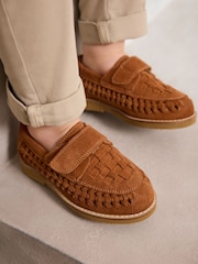 Tan Brown Suede Woven Loafers - Image 1 of 8