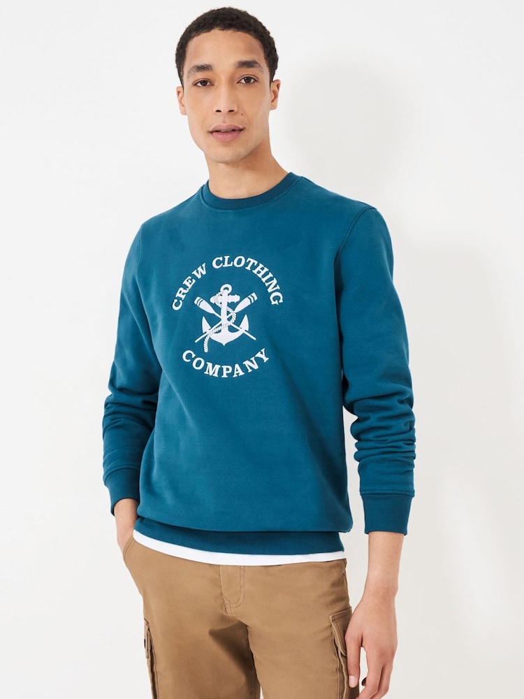 Crew Clothing Company Blue Embroidered Graphic Print Crew Neck 100% Cotton Sweatshirt - Image 1 of 1