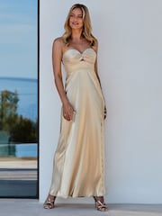 Sosandar Gold Petite Metallic Plisse Twist Front Maxi Dress - Image 1 of 5