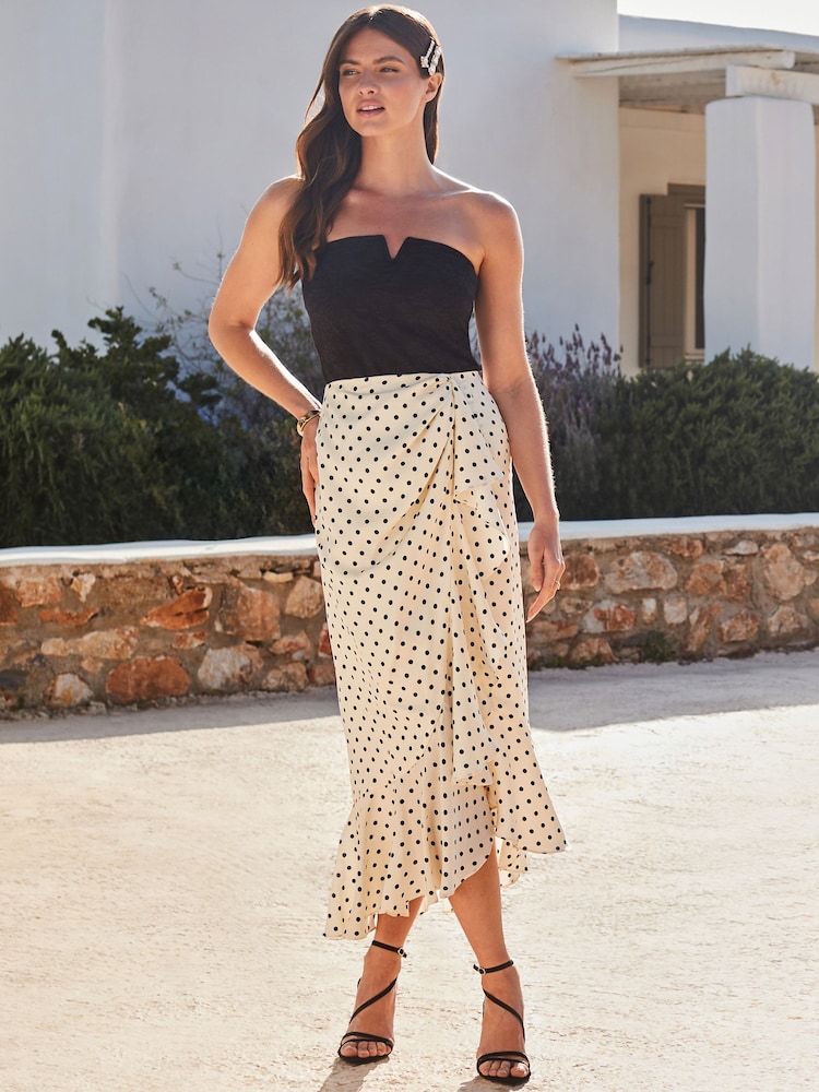 Sosandar White Petite Spot Print Satin Ruffle Hem Midi Skirt - Image 1 of 5