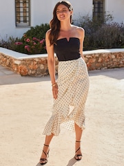 Sosandar White Petite Spot Print Satin Ruffle Hem Midi Skirt - Image 3 of 5