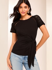 Lipsy Black Tie Side T-Shirt With Crochet Trim - Image 1 of 4