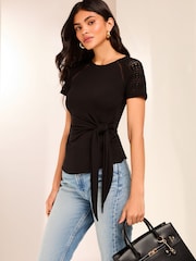 Lipsy Black Tie Side T-Shirt With Crochet Trim - Image 3 of 4