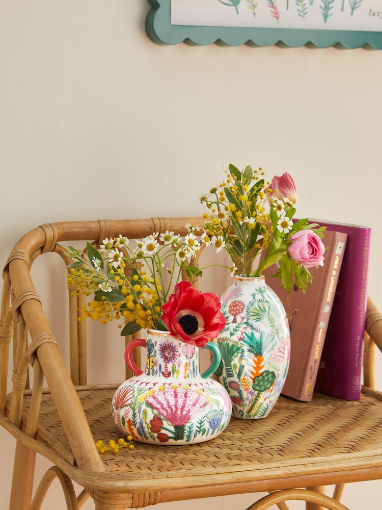 Lucy Tiffney Set of 2 Cream/Pink/Green Floral Vases - Image 1 of 5