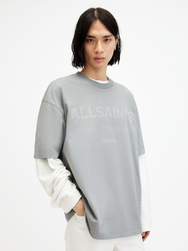 AllSaints Grey Laser Shortsleeve Crew Neck 100% Cotton T-Shirt - Image 2 of 5