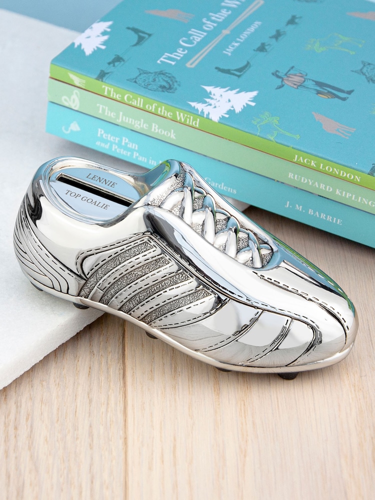 Personalised Silver Plated Football Boot Money Box - Image 1 of 4 Personalised Silver Plated Football Boot Money Box - Image 1 of 4
