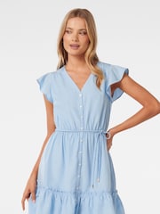Forever New Blue Rahnee Frill Hem Mini Dress with Linen - Image 1 of 5