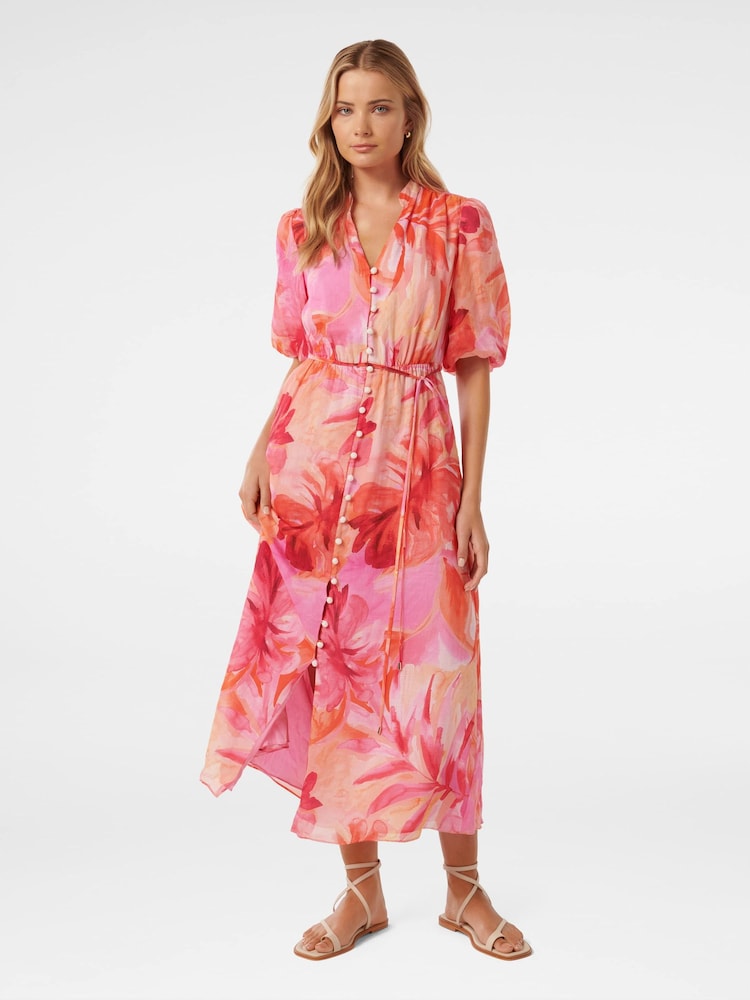 Forever New Pink Loren Puff Sleeves Midi Dress - Image 1 of 4