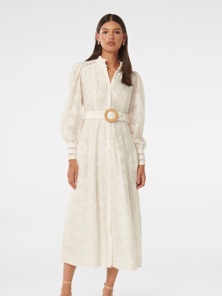 Forever New White Autumn Embroidered Midi Dress contains Linen - Image 1 of 4