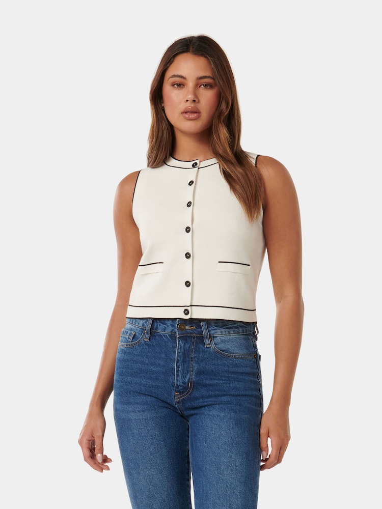 Forever New White Blythe Tipped Button Through Knit Tank Top - Image 1 of 5 Forever New White Blythe Tipped Button Through Knit Tank Top - Image 1 of 5