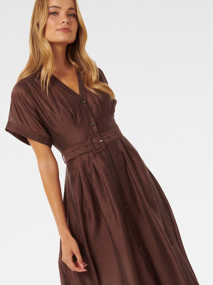Forever New Brown Judith Shirt Belt Midi Dress contains Linen - Image 2 of 4
