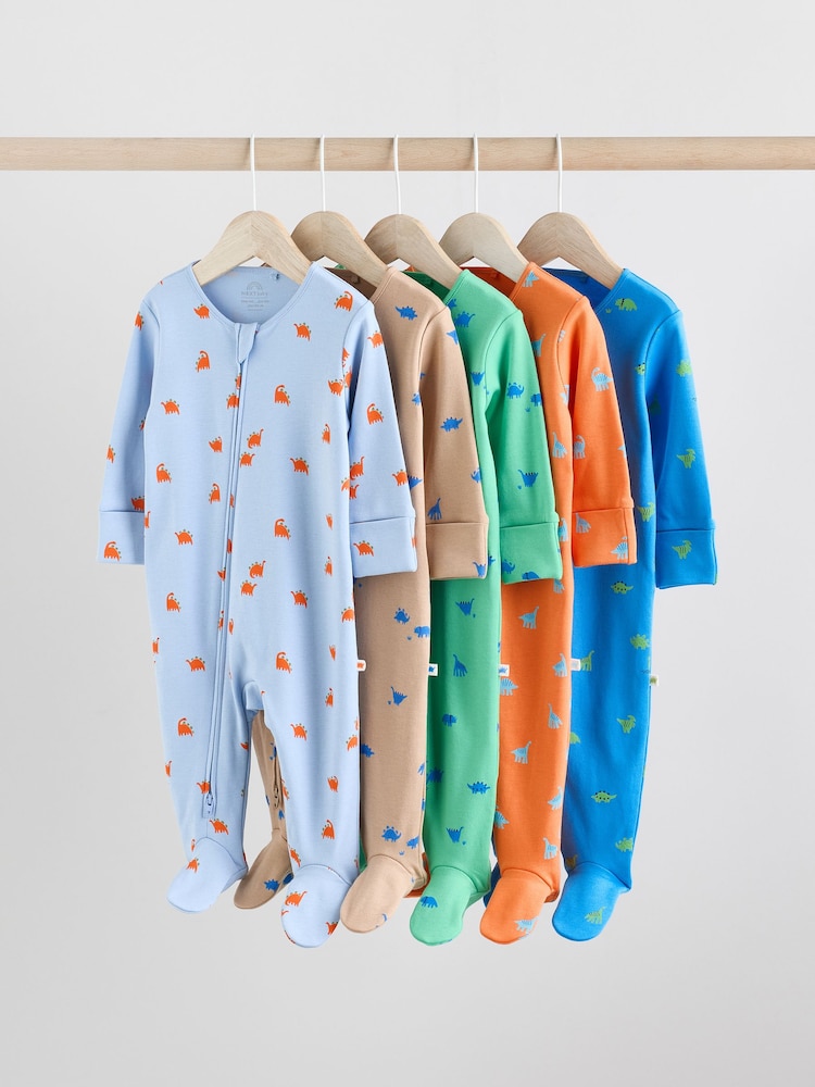 Bright 100% Cotton Two Way Zip Baby Sleepsuits 5 Pack (0mths-2yrs) - Image 1 of 1