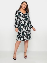 Evans Floral Print Bell Sleeve Midi Black Dress - Image 1 of 1