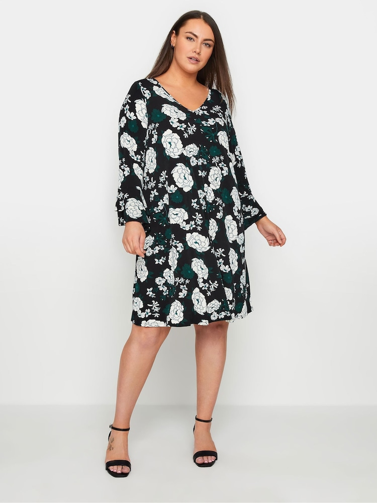 Evans Floral Print Bell Sleeve Midi Black Dress - Image 1 of 1