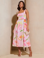 Lipsy Pink Floral Square Neck Prom Skater Midi Dress - Image 1 of 4