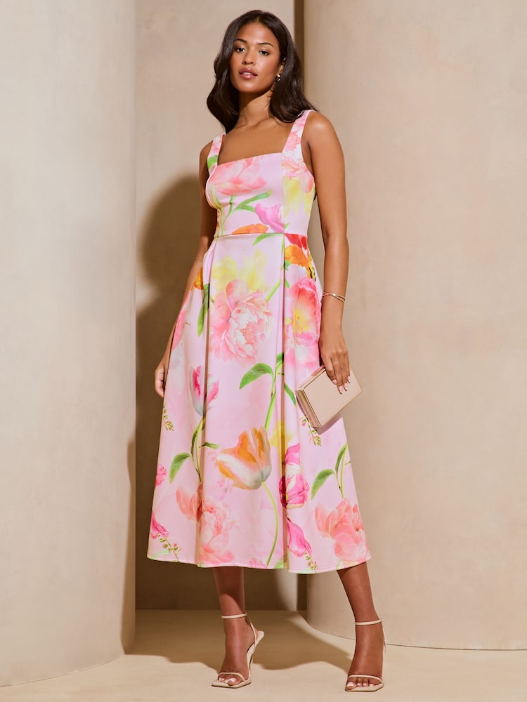 Lipsy Pink Floral Square Neck Prom Skater Midi Dress - Image 1 of 4 Lipsy Pink Floral Square Neck Prom Skater Midi Dress - Image 1 of 4