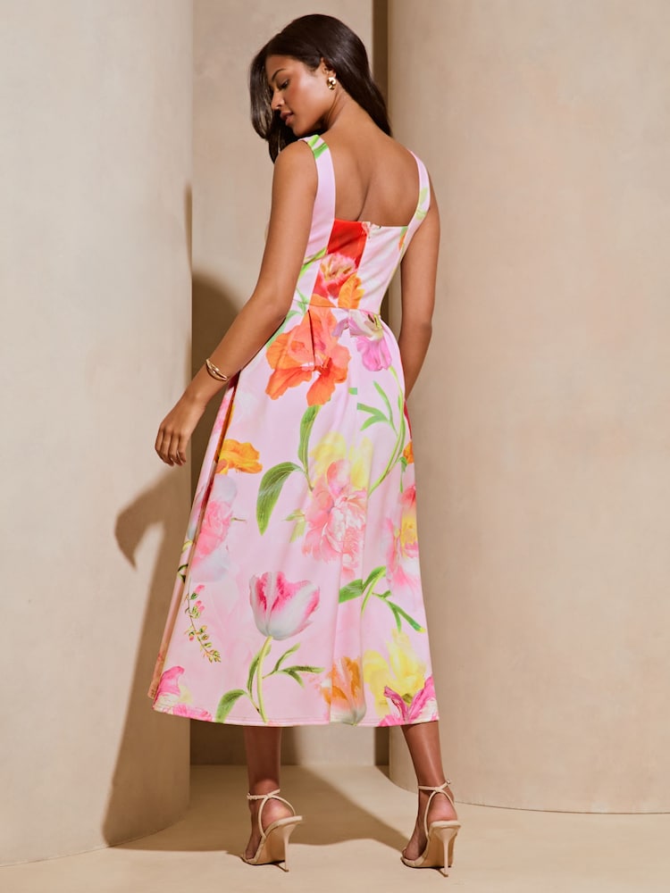 Lipsy Pink Floral Square Neck Prom Skater Midi Dress - Image 2 of 4