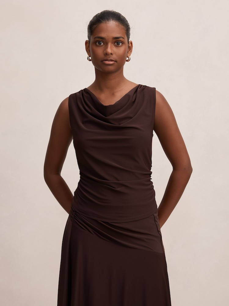 Forever New Brown Ada Petite Drape Cowl Neck Back Top - Image 1 of 5